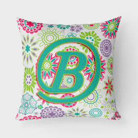 Letter B Flowers Pink Teal Green Initial Fabric Decorative Pillow
