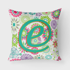 Letter E Flowers Pink Teal Green Initial Fabric Decorative Pillow