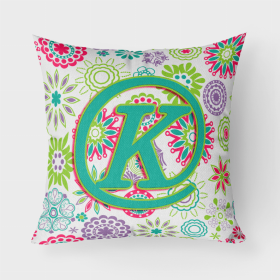 Letter K Flowers Pink Teal Green Initial Fabric Decorative Pillow