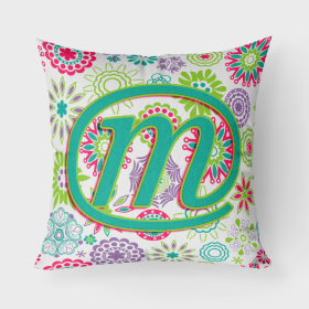 Letter M Flowers Pink Teal Green Initial Fabric Decorative Pillow