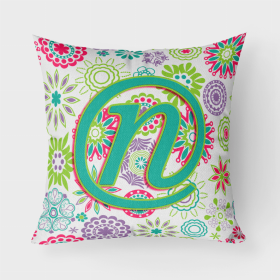 Letter N Flowers Pink Teal Green Initial Fabric Decorative Pillow