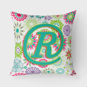 Letter R Flowers Pink Teal Green Initial Fabric Decorative Pillow