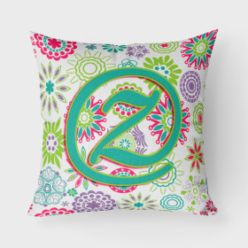 Letter Z Flowers Pink Teal Green Initial Fabric Decorative Pillow