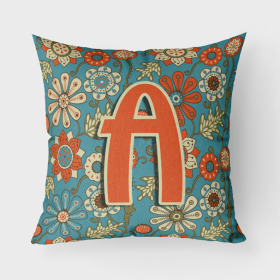Letter A Flowers Retro Blue Fabric Decorative Pillow