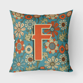 Letter F Flowers Retro Blue Fabric Decorative Pillow