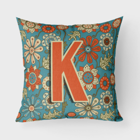 Letter K Flowers Retro Blue Fabric Decorative Pillow
