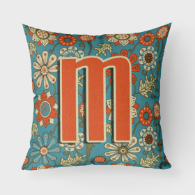 Letter M Flowers Retro Blue Fabric Decorative Pillow