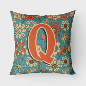 Letter Q Flowers Retro Blue Fabric Decorative Pillow