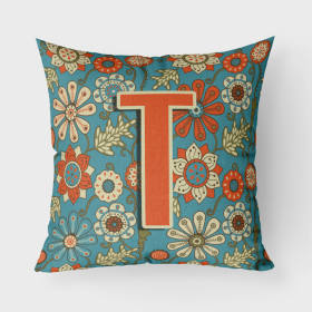 Letter T Flowers Retro Blue Fabric Decorative Pillow