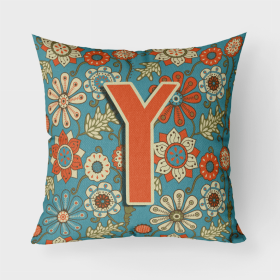 Letter Y Flowers Retro Blue Fabric Decorative Pillow